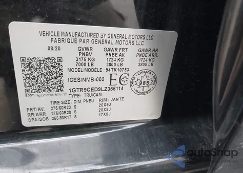 2020 GMC Sierra 1500 Elevation z USA, uszkodzony, nr VIN 1GTR9CED9LZ355114